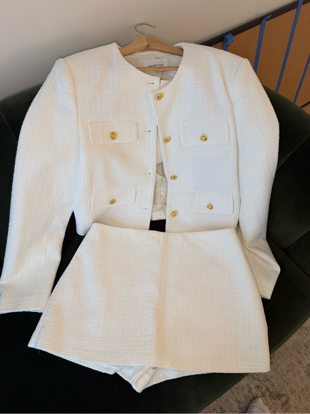 Babaton White Tweed Cropped Blazer with Gold Buttons